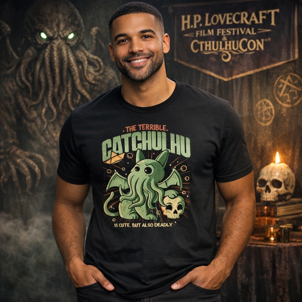 NWOT Mens XL Cthulhu Black Cat Catchulhu Skull Lovecraft Unisex Tee